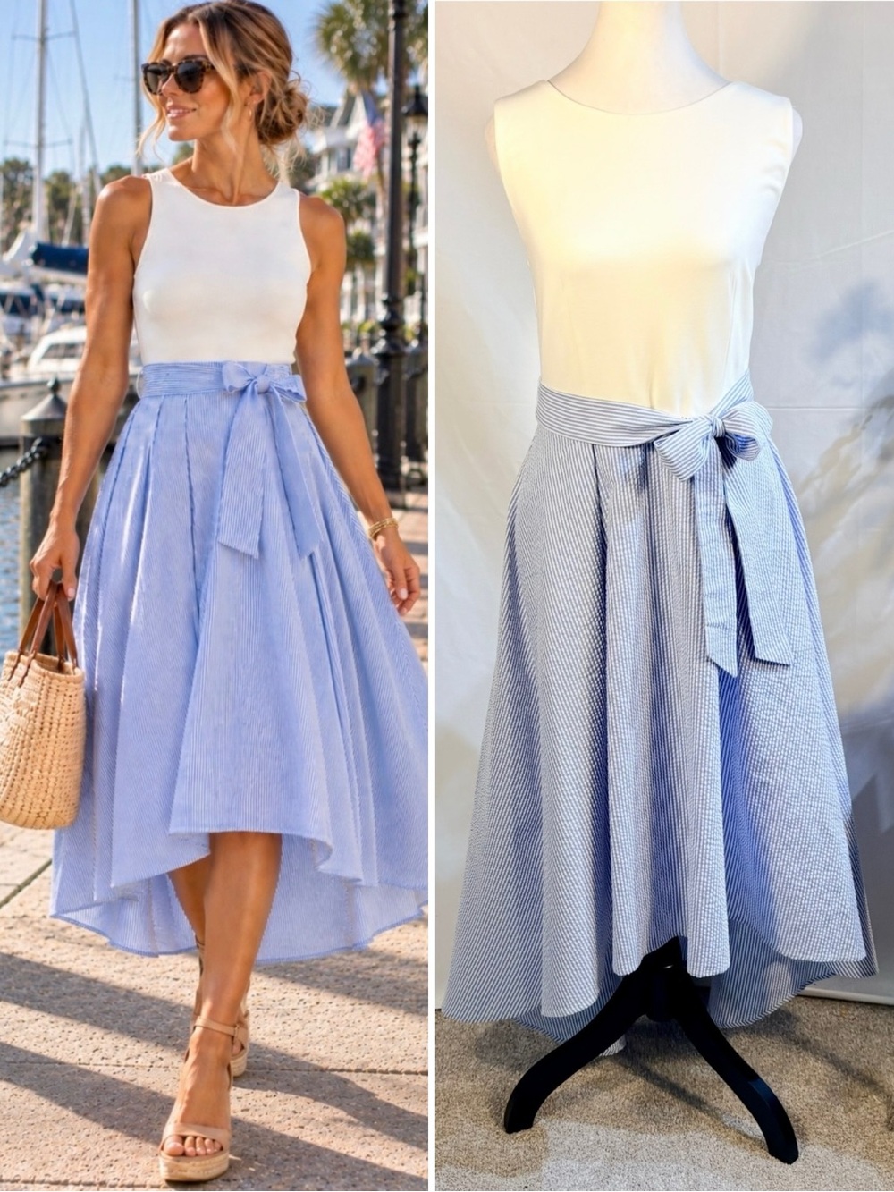 💥NWT Hutch Blue White Seersucker Stretch Knit Tie Waist Midi Dress Sz 4🧡